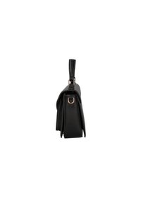Borsa in pelle nera con forma strutturata, superficie texturizzata e manico superiore singolo. Presenta un dettaglio in oro rosa sulla chiusura.
