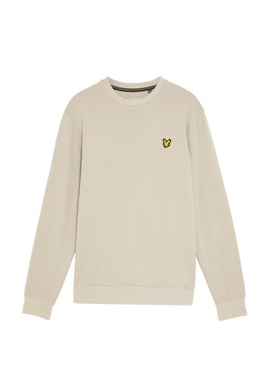 Beige sweatshirt met ronde hals, gemaakt van gladde stof, met lange mouwen en een klein geel logo aan de linkerkant van de borst.