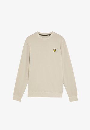 Felpa beige a girocollo realizzata in tessuto morbido, con maniche lunghe e un piccolo logo giallo sul lato sinistro del petto.