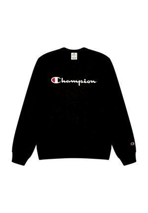 Felpa nera con maniche lunghe, con il logo "Champion" bianco sul davanti e un piccolo logo sulla manica destra. Materiale in cotone.
