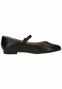Bailarinas de cuero negro con punta afilada y una delgada correa en el tobillo. Presentan un bajo tacón cuadrado y una textura suave. Destacan por su costura mínima.
