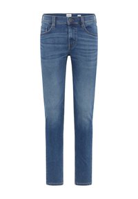 Džínové kalhoty v středně modré barvě, rovný střih, pět kapsových stylů, s jemnými detaily vyšisování a klasickým zapínáním na knoflík.