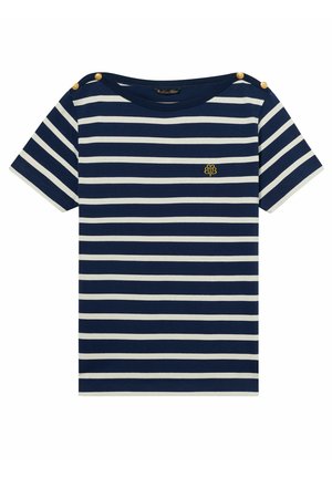 Marineblauw-wit gestreept T-shirt met korte mouwen, goudkleurige knopen op de schouders en een klein geel geborduurd logo op de borst.