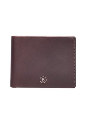 Brun læder bifold pung med et lille rundt metalemblem med bogstavet B foran nederst til højre.