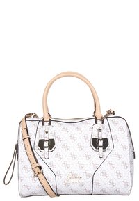 Hvid håndtaske med logo-mønster, tan læderdetaljer, dobbelt topgreb og justerbar skulderrem. Har guldfarvet hardware.