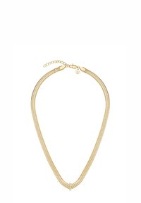 Necklace s lancem zlatne boje s jedinstvenim cik-cak uzorkom, s dva mala prozirna akcenta u sredini i kopčom na jastoge s produžnim lancem.
