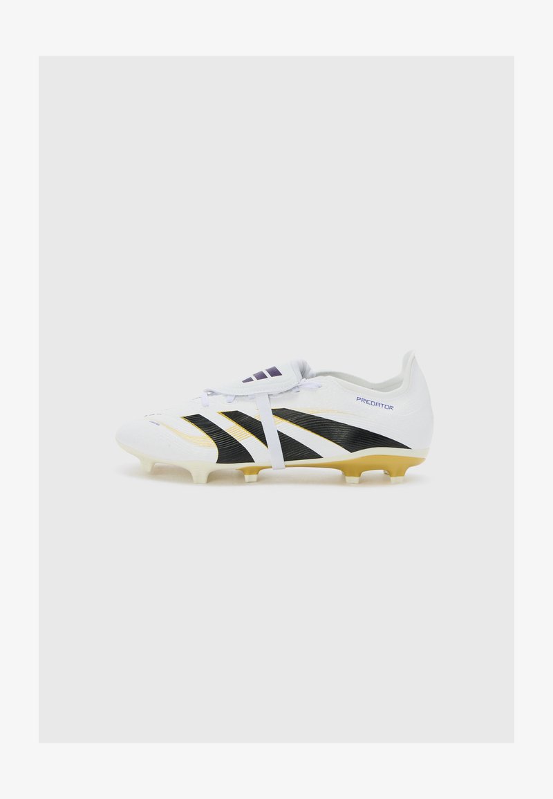 White soccer cleat with black and gold accents, featuring three black stripes, textured upper, and molded studs for traction.