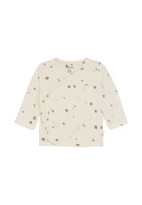 Kremfarbener Baby-Wickelshirt mit langen Ärmeln und einem Muster aus verstreuten kleinen braunen, beigen und grauen Punkten.