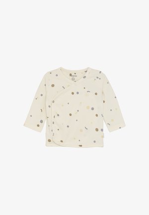 Kremfarbener Baby-Wickelshirt mit langen Ärmeln und einem Muster aus verstreuten kleinen braunen, beigen und grauen Punkten.