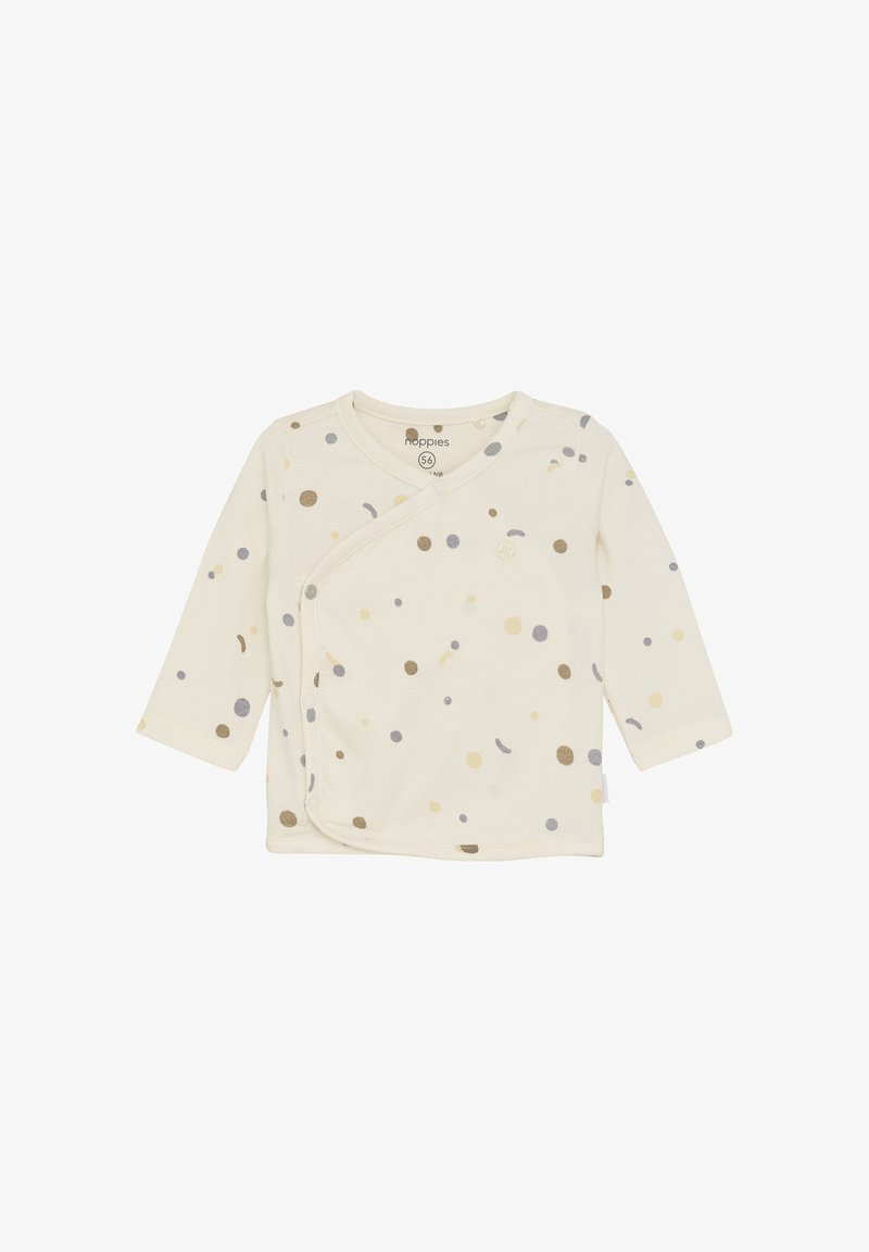 Chemise enveloppante crème pour bébé avec des manches longues et un motif de petits points marron, beige et gris éparpillés.