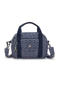 Navy blue fabric bag with a geometric pattern, two short handles, a detachable strap, front pocket, and silver hardware accents.