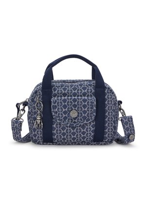 Navy blue fabric bag with a geometric pattern, two short handles, a detachable strap, front pocket, and silver hardware accents.