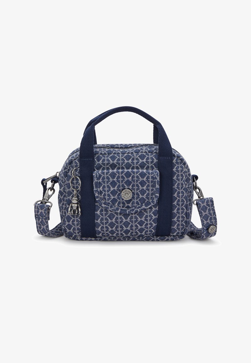 Navy blue fabric bag with a geometric pattern, two short handles, a detachable strap, front pocket, and silver hardware accents.