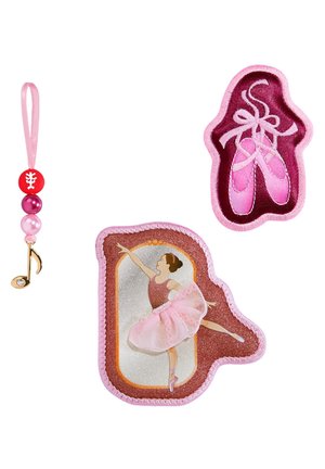 Ballet-themed set featuring a pink ballerina patch, pink ballet shoes patch, and a beaded charm with a musical note pendant.