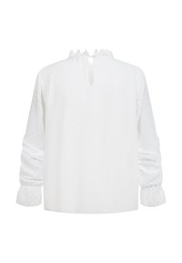 Weiße Langarmbluse mit gepunkteter Textur, gerafftem Kragen, Schlüsselloch-Detail am Rücken und elastischen Bündchen.