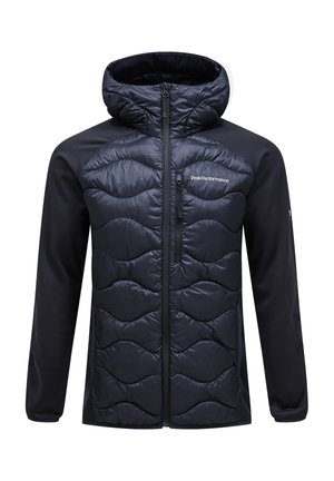 Navy insulated jacket with quilted texture on front, smooth sleeves, high collar, full zipper, and logo on the chest.