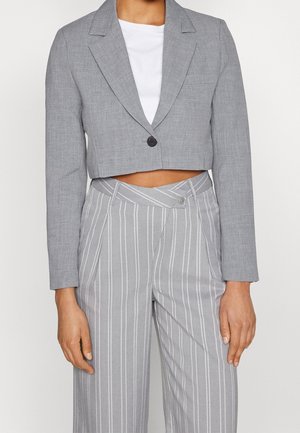 Nainen pukeutunut vaaleanharmaaseen lyhytleikkaiseen bleiseriin, jossa on yksi musta nappi, ja korkeavyötäröisiin harmaisiin raidoitettuihin housuihin, joissa on ainutlaatuinen vyötärönauhan muotoilu.