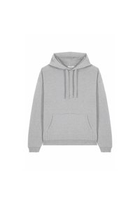 Felpa grigia realizzata in tessuto misto cotone. Presenta una tasca frontale, cappuccio con cordino, polsini e orlo a coste. Design semplice e classico.