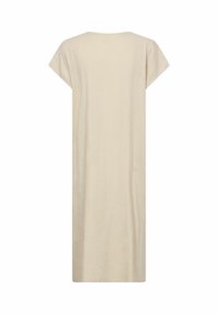 Beiges Leinenkleid mit kurzen Capärmeln, geradem Schnitt und knielanger Länge. Hat ein einfaches, ungeschmücktes Design.