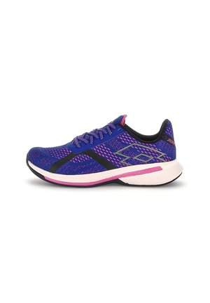 Purple running shoe with a knit upper, black accents, and pink details. Features a cushioned white midsole and textured rubber outsole.