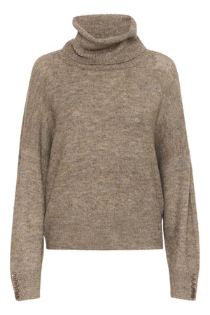 Beige coltrui met een relaxte pasvorm, textuurgebreid en knoopaccenten bij de manchetten. Zacht materiaal en een warme kleur.