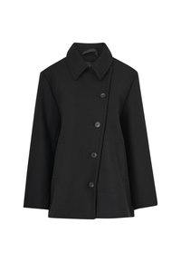 Cappotto in misto lana nero con colletto a ribalta, sei bottoni, due tasche frontali e taglio dritto, caratterizzato da una texture liscia e dettagli minimi.