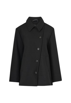 Cappotto in misto lana nero con colletto a ribalta, sei bottoni, due tasche frontali e taglio dritto, caratterizzato da una texture liscia e dettagli minimi.