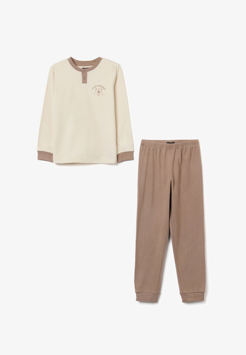 Creme lange mouw top met bruine accenten en borduursel "Good Morning", gecombineerd met bruine elastische taillebroek. Zachte, casual stof.