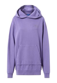 Felpa viola realizzata in tessuto morbido, con tasca frontale, cappuccio con cordino e logo ricamato in un design sottile e chiaro.