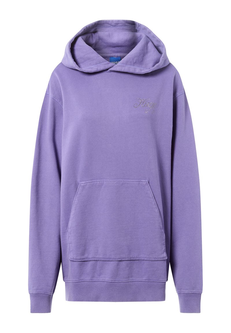 Felpa viola realizzata in tessuto morbido, con tasca frontale, cappuccio con cordino e logo ricamato in un design sottile e chiaro.