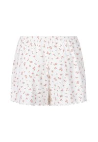 Witte katoenen short met een lichtroze bloemenpatroon, elastische tailleband en gerimpelde zoom. Zachte textuur, casual ontwerp dat geschikt is voor loungewear.
