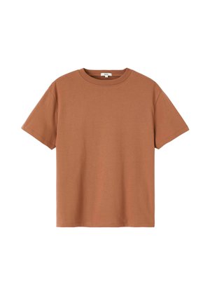 T-shirt en coton marron à manches courtes avec col rond et coupe décontractée, présenté sur fond blanc.