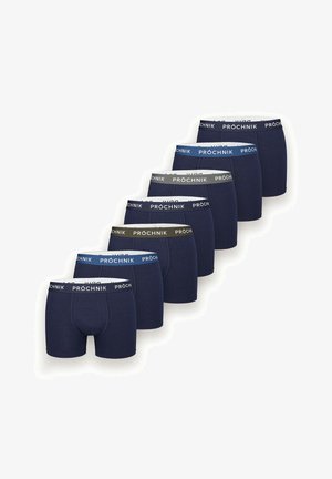 Zestaw siedmiu granatowych bokserek wykonanych z bawełny, z elastycznymi paskami w talii z logo w różnych kolorach.