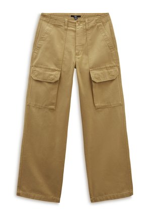 Pantaloni cargo beige in cotone, con gambe ampie, due grandi tasche anteriori con patta e chiusura a bottone in vita.