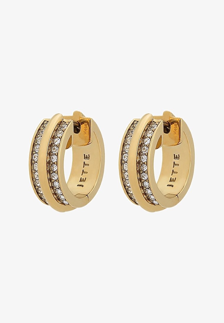 Paire de boucles d'oreilles créoles en or avec deux rangées de petites pierres précieuses transparentes et JETTE gravé à l'intérieur de chaque créole.