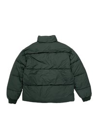 Ciemnozielona pikowana kurtka z wysokim kołnierzem, elastycznymi ściągaczami na rękawach oraz poziomymi przeszyciami zapewniającymi izolację. Gładka tekstura i trwały materiał.
