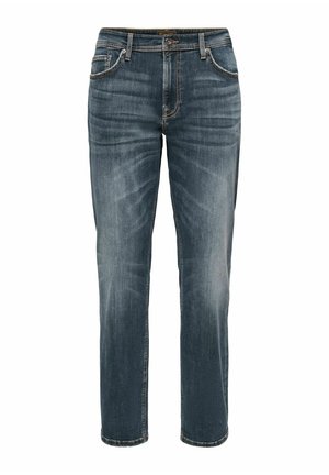 Jean en denim bleu coupe droite avec poches avant, passants de ceinture et détails subtilement délavés aux cuisses et aux genoux.
