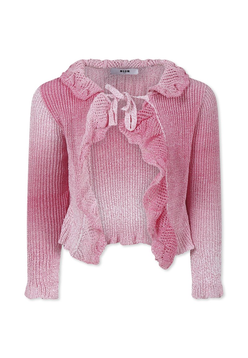 Roze gebreide cardigan met een gerimpelde kraag, lange mouwen en een striksluiting. Kleurverloop van licht naar donkerroze. Getextureerde stof.