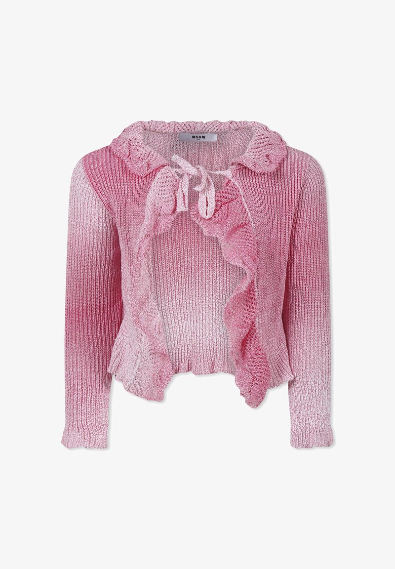 Różowy pleciony kardigan z falbaniastym kołnierzem, długimi rękawami i zapięciem na troczki. Gradient kolorów od jasnego do ciemnego różu. Teksturowana tkanina.