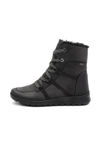 Botas negras hasta el tobillo con exterior de ante, parte superior texturizada y suela de goma. Presentan cordones grises y un forro cálido en la parte superior. Diseño ligero.