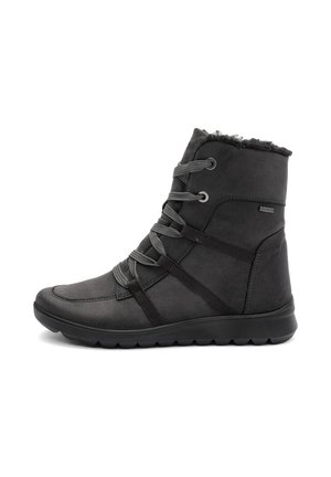 Botas negras hasta el tobillo con exterior de ante, parte superior texturizada y suela de goma. Presentan cordones grises y un forro cálido en la parte superior. Diseño ligero.