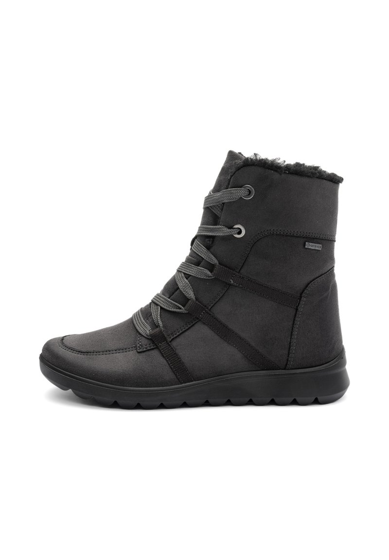 Botas negras hasta el tobillo con exterior de ante, parte superior texturizada y suela de goma. Presentan cordones grises y un forro cálido en la parte superior. Diseño ligero.