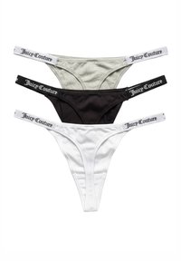 Dreierpack Stringunterwäsche aus grauem, schwarzem und weißem Baumwollmaterial. Jede hat einen mit Logo versehenen elastischen Bund für zusätzlichen Komfort und Stil.