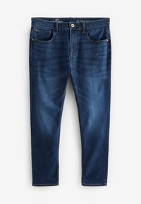 Slim fit denim jeans in donkerblauw, met een vijf-pocket ontwerp, tan kleurige stiksels, een knoopsluiting en een gladde textuur.
