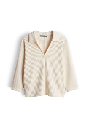 Roomkleurige ribgebreide trui met een kraag en een diepe V-hals, voorzien van lange mouwen en een losse pasvorm.