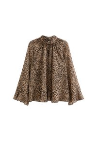 Beżowa i brązowa bluzka w panterkę, wykonana z lekkiego materiału, z wysokim dekoltem i rozszerzanymi rękawami, o zwiewnym kroju.