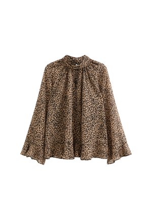 Leopard print blouse in beige and brown, made of lightweight fabric, featuring a high neckline and flared sleeves with a flowing silhouette.
