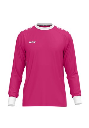 Kraftigt pink langærmet sportstrøje med hvide manchetter, hvid krave og "JAKO"-logo på venstre bryst. Ingen synlig person.
