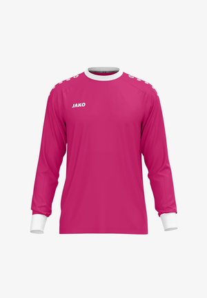 Felroze sportshirt met lange mouwen, witte boorden, witte kraag en "JAKO"-logo op de linkerborst. Geen zichtbaar persoon.