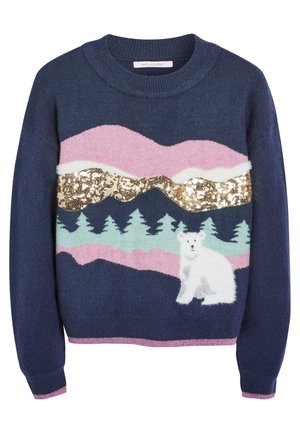 Granatowy sweter z różowo-miętowym wzorem gór, złotym cekinowym detalem śnieżnej czapy, zielonymi sosnami i białym nadrukiem niedźwiedzia polarnego z przodu.